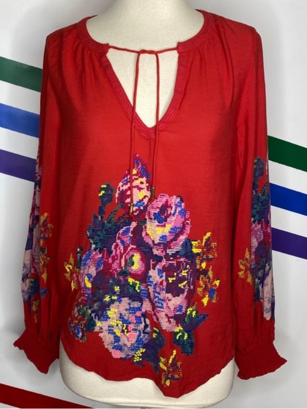 Anthropologie Red Floral Long Sleeve Split Tie Neck Blouse Size XS NWOT